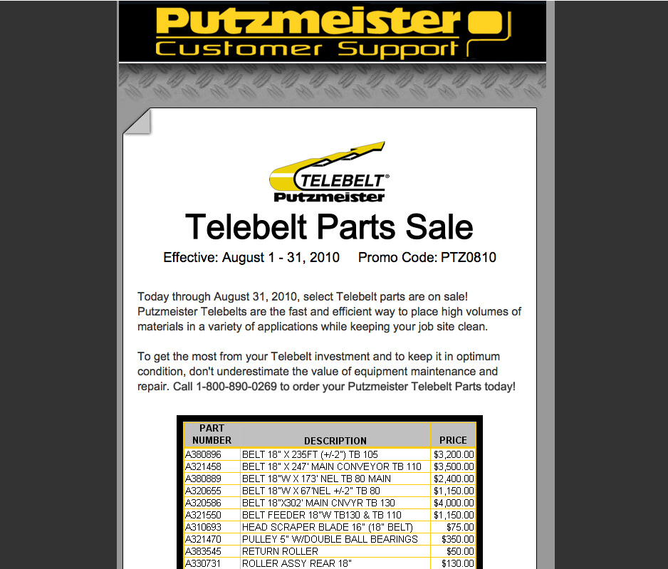 Putzmeister Customer Support Offers Monthly Specials.